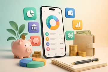 telephone avec graphique avec cochon tirelire et carnet de note