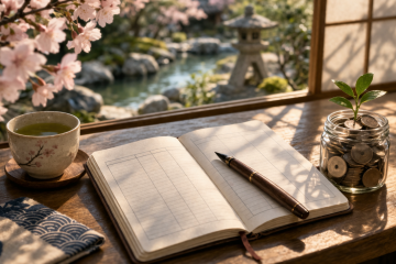 cahier avec stylo devant une fenetre avec jardin japonais