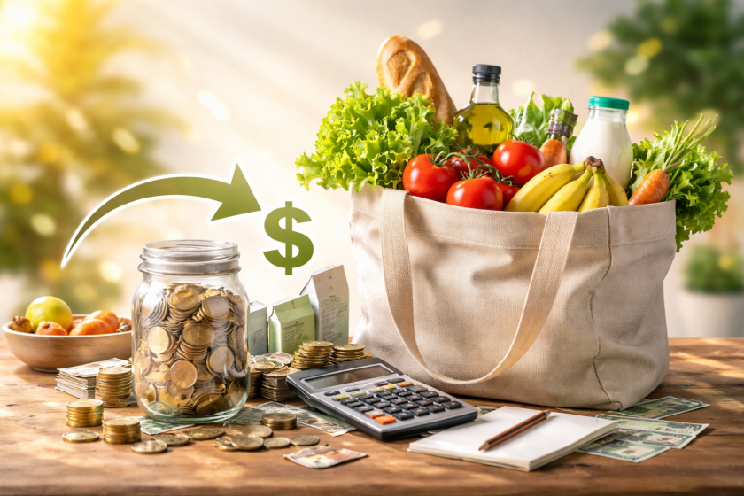 sac de courses alimentaire avec bocal argent et calculatrice