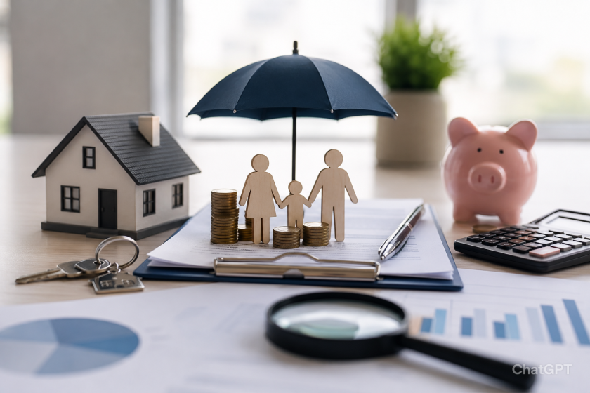 Illustration conceptuelle d’une assurance emprunteur et d’un crédit immobilier avec une maison miniature, des pièces de monnaie, un parapluie symbolisant la protection financière et des documents financiers représentant la renégociation et les économies sur un prêt immobilier