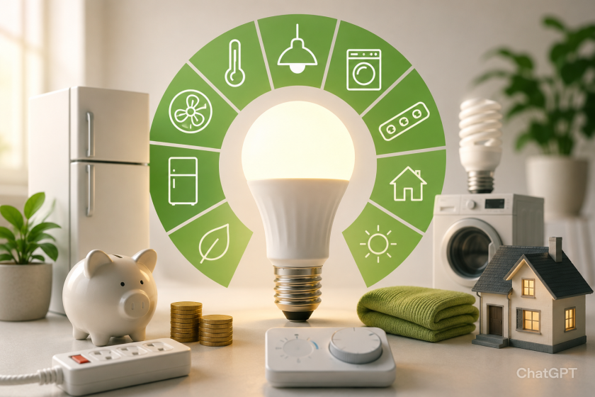 Illustration conceptuelle d’économie d’énergie avec une ampoule LED au centre entourée d’icônes représentant des appareils électroménagers, des économies d’électricité et des solutions d’efficacité énergétique dans un style moderne et écologique