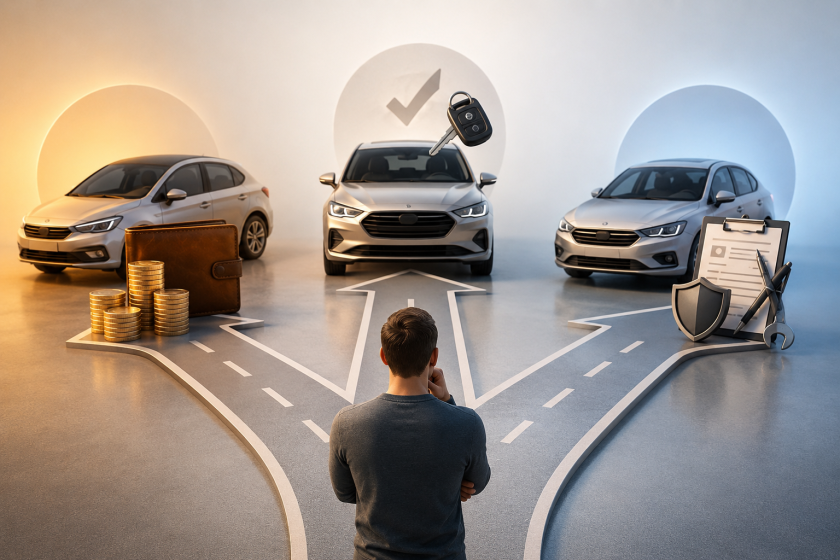 Illustration conceptuelle représentant un automobiliste face à trois options de financement de voiture. Trois chemins mènent vers différents véhicules symbolisant l'achat, la location avec option d'achat (LOA) et la location longue durée (LLD). Des éléments visuels comme un portefeuille, des pièces, une clé de voiture et un contrat illustrent la comparaison des coûts et des modes de financement automobiles.