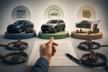 Illustration conceptuelle représentant les différentes solutions de financement automobile. Trois véhicules sont exposés sur des socles distincts, symbolisant l’achat à crédit, la LOA et la LLD. Au premier plan, une main s’apprête à signer un contrat tandis que plusieurs pièges métalliques et panneaux d’avertissement entourent la scène, illustrant les risques, frais cachés et erreurs à éviter avant de s’engager