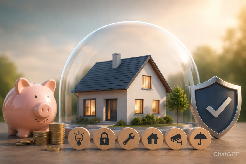 Maison protégée sous un dôme transparent avec une tirelire, des pièces de monnaie et un bouclier de protection, illustrant les économies et la réduction du coût de l’assurance habitation