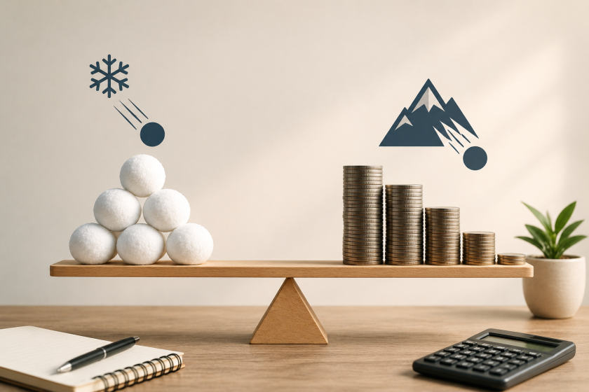 Illustration conceptuelle comparant la méthode boule de neige et la méthode avalanche pour rembourser ses dettes, avec des boules de neige, des piles de pièces et une balance symbolisant les deux stratégies de remboursement.