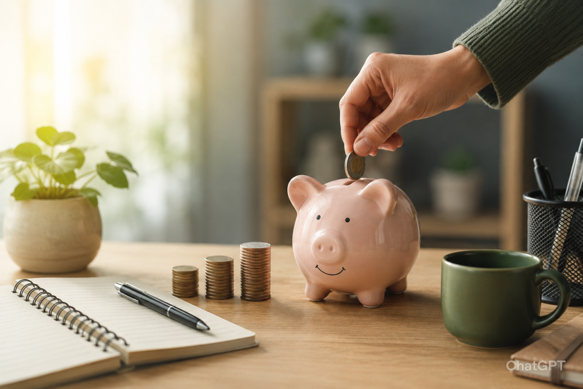 Illustration d'une personne mettant une pièce dans une tirelire sur un bureau, entourée de piles de monnaie et d'un carnet de budget, représentant l'épargne progressive avec un petit salaire et les bonnes habitudes financières
