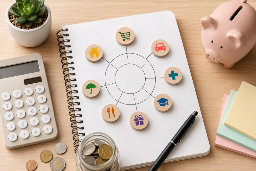 Illustration conceptuelle d'un budget base zéro avec un carnet de répartition des dépenses, une calculatrice, une tirelire et des pièces représentant l'attribution de chaque euro à une catégorie de dépenses.