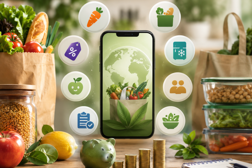illustration téléphone avec applications et aliments autour