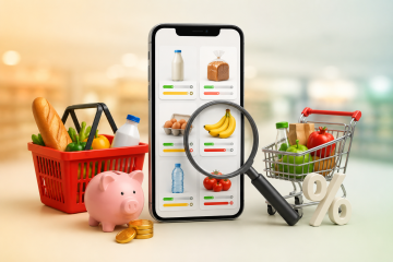 Illustration d'un smartphone comparant les prix de produits alimentaires avec un panier de courses, un chariot, une loupe et une tirelire, représentant les applications pour comparer les prix des supermarchés et économiser sur les courses.