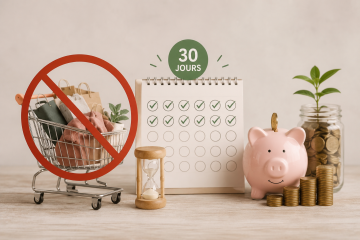 Illustration conceptuelle d'un No Buy Challenge avec un chariot d'achats barré, une tirelire, des pièces et un calendrier symbolisant 30 jours sans achats pour économiser de l'argent.