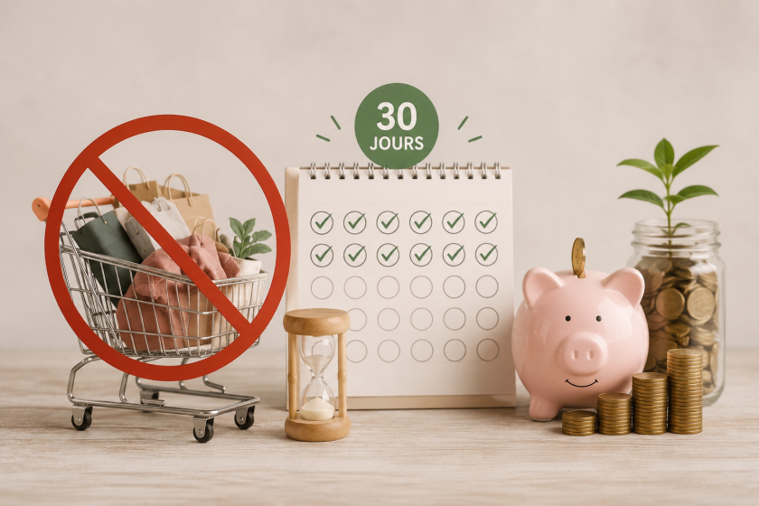 Illustration conceptuelle d'un No Buy Challenge avec un chariot d'achats barré, une tirelire, des pièces et un calendrier symbolisant 30 jours sans achats pour économiser de l'argent.