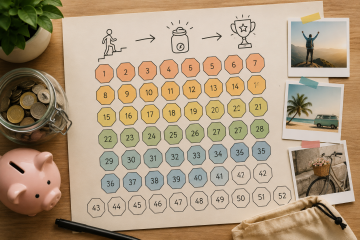 Illustration conceptuelle du défi des 52 semaines montrant un suivi hebdomadaire de l'épargne, une tirelire, un bocal rempli de pièces et des objectifs symbolisant une progression financière tout au long de l'année.