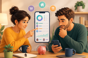 Illustration conceptuelle d'un couple utilisant une application pour gérer son budget, suivre ses dépenses communes et organiser ses finances à deux.